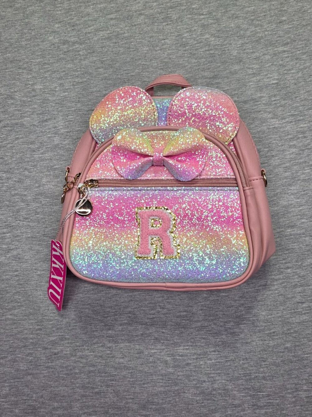 Girls Mini Backpack Rainbow Glitter Mouse Ears Bow Letter R Pink NWT Small